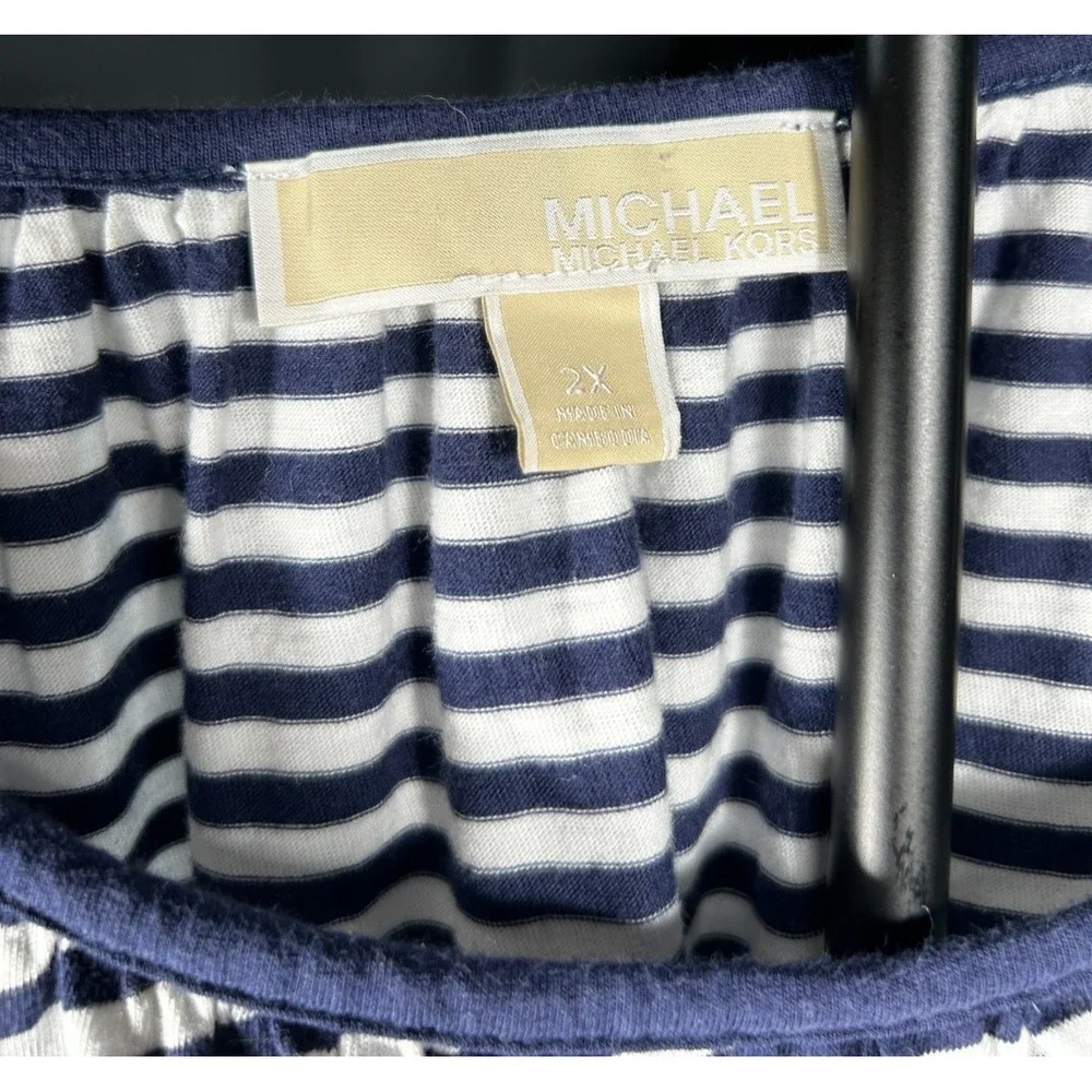 Michael Kors Navy White Striped 3/4 Sleeve Top‎ Plus Size 2X  Workwear Blouse